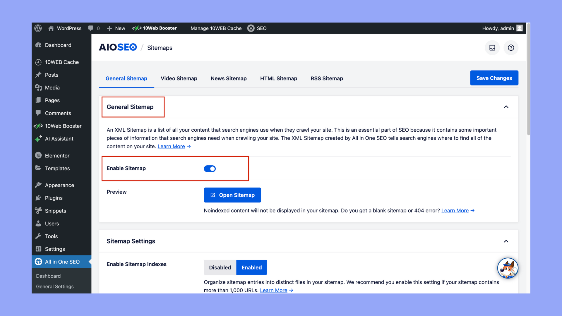 Ajusta la configuración en SEO Todo en Uno <encoded_tag_closed /> Sitemaps para personalizar tu mapa del sitio.