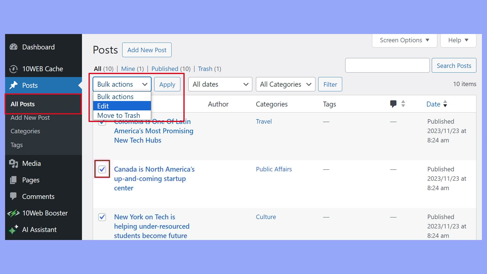 Editar varias entradas en bloque para desactivar los comentarios en WordPress.
