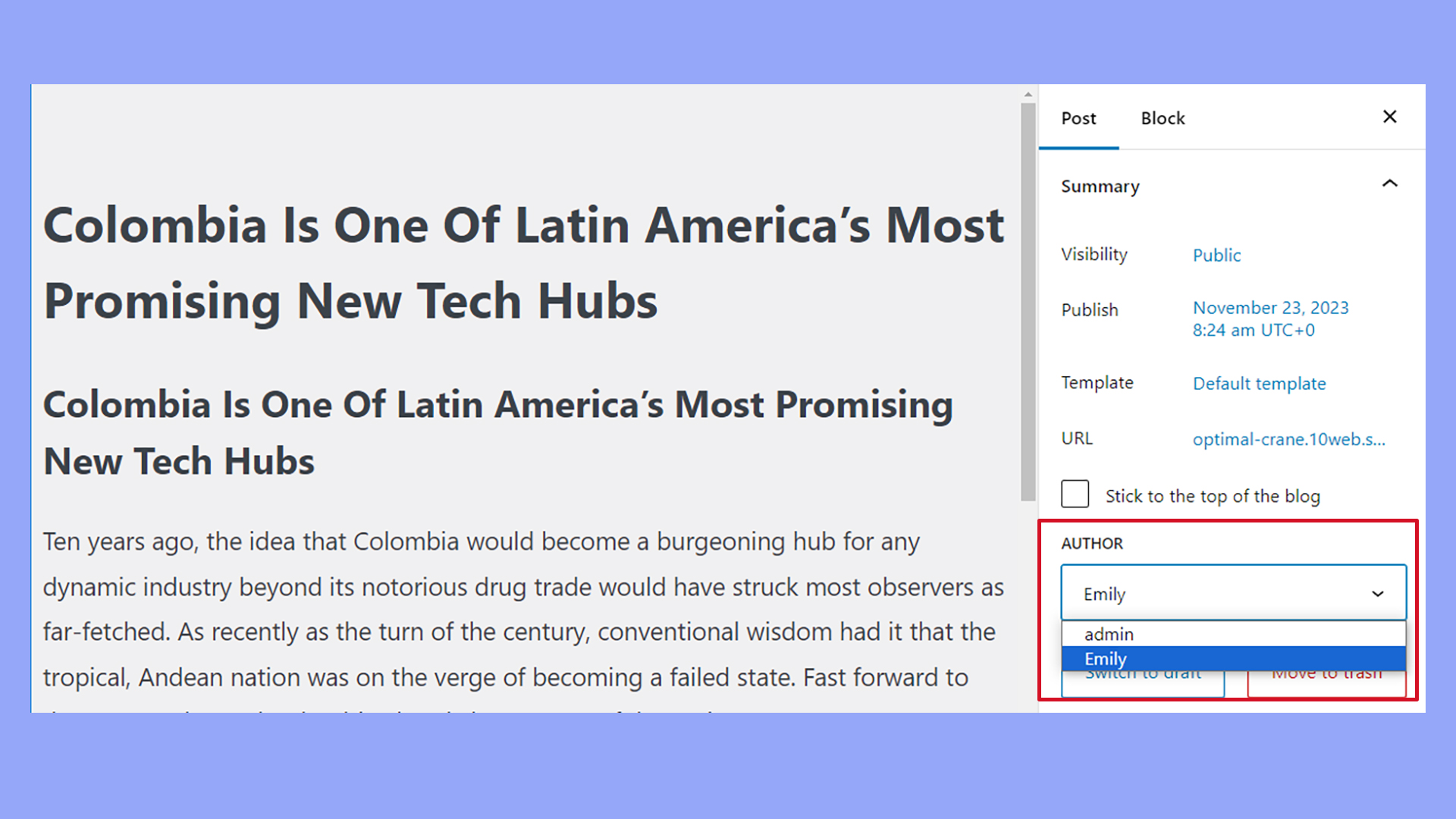 Cambiar el autor utilizando el menú Autor del editor de bloques.