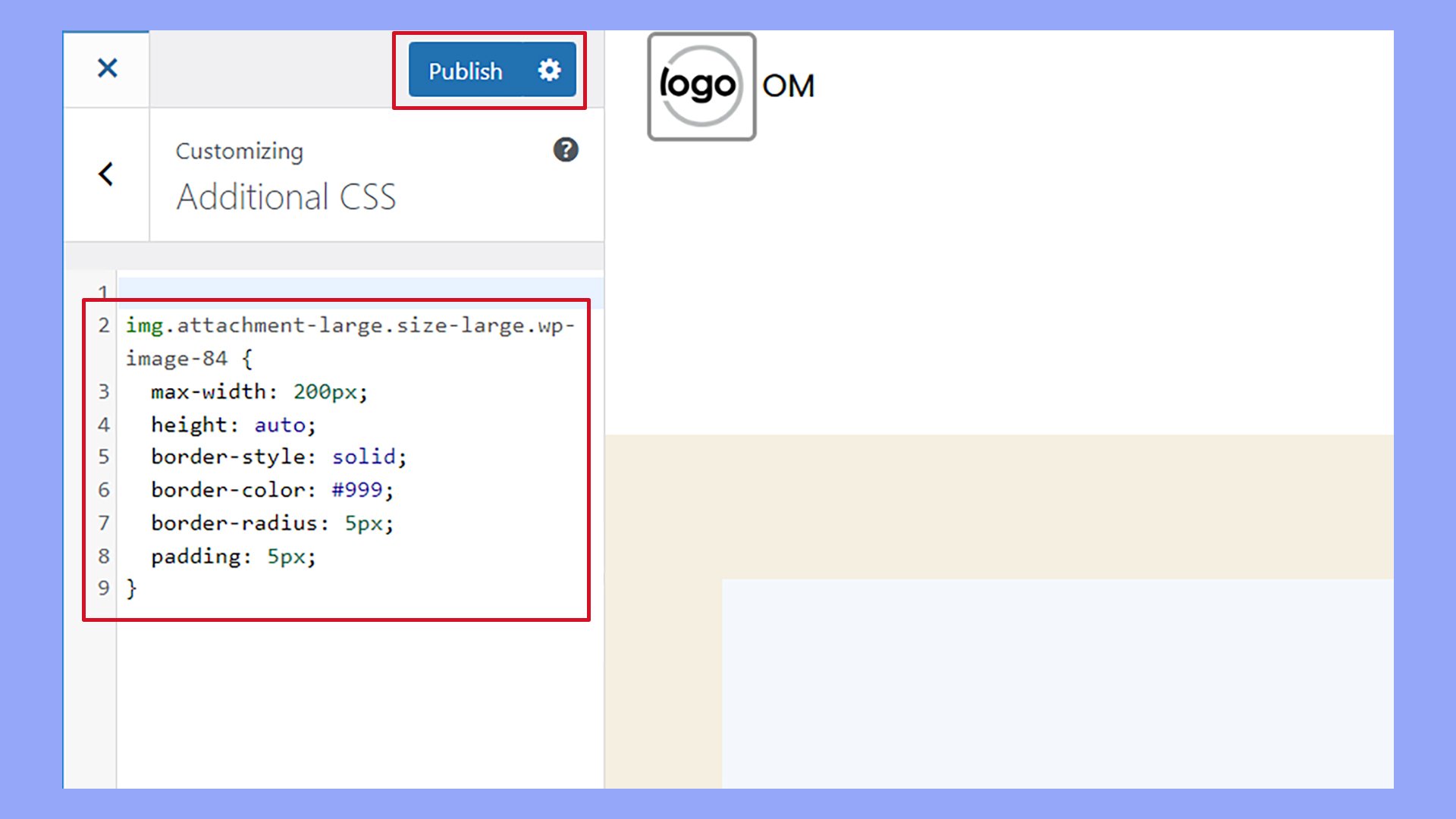 Adding custom CSS to change the logo in WordPress.