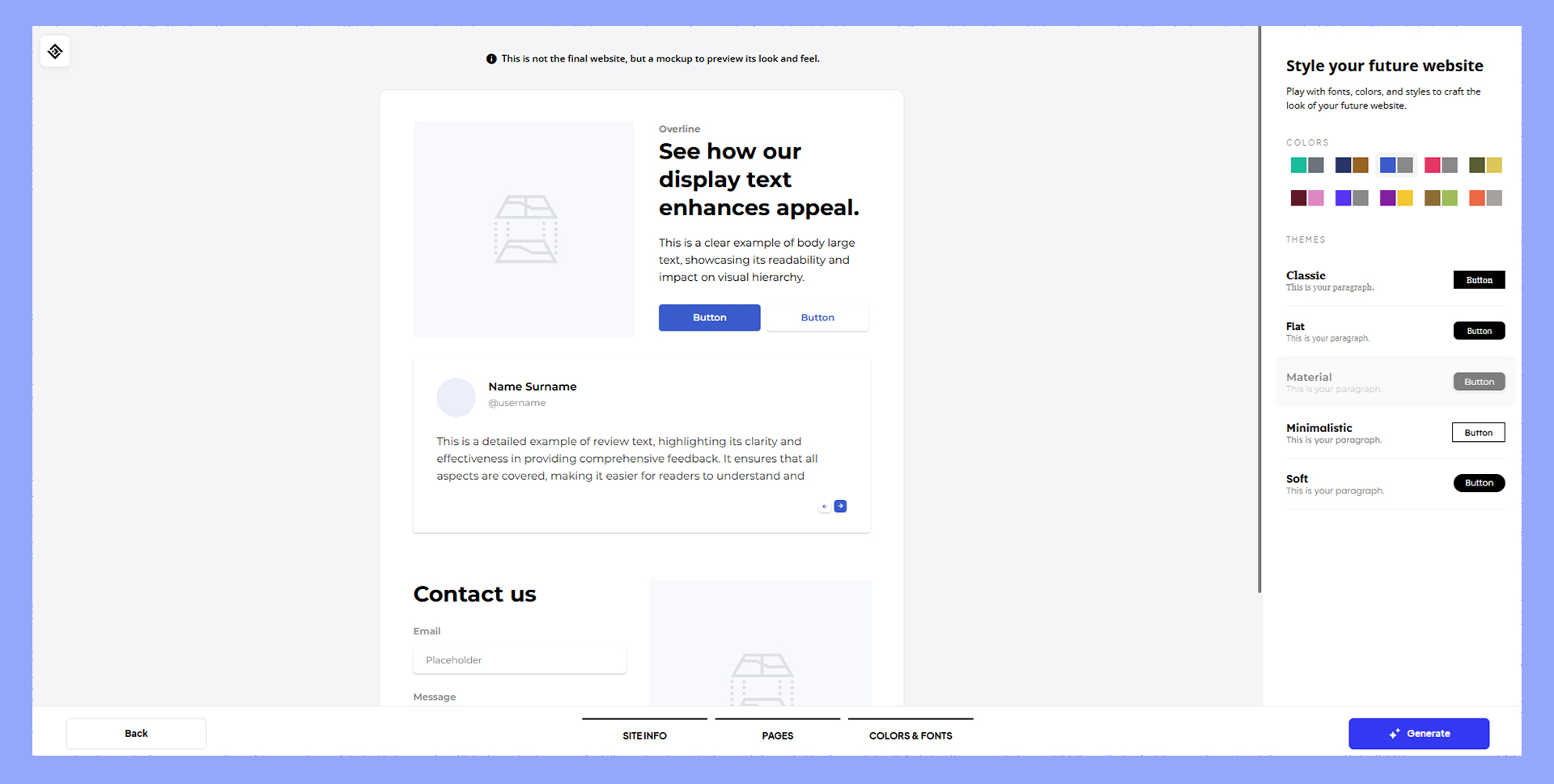 Previewing and choosing theme colors and typography.