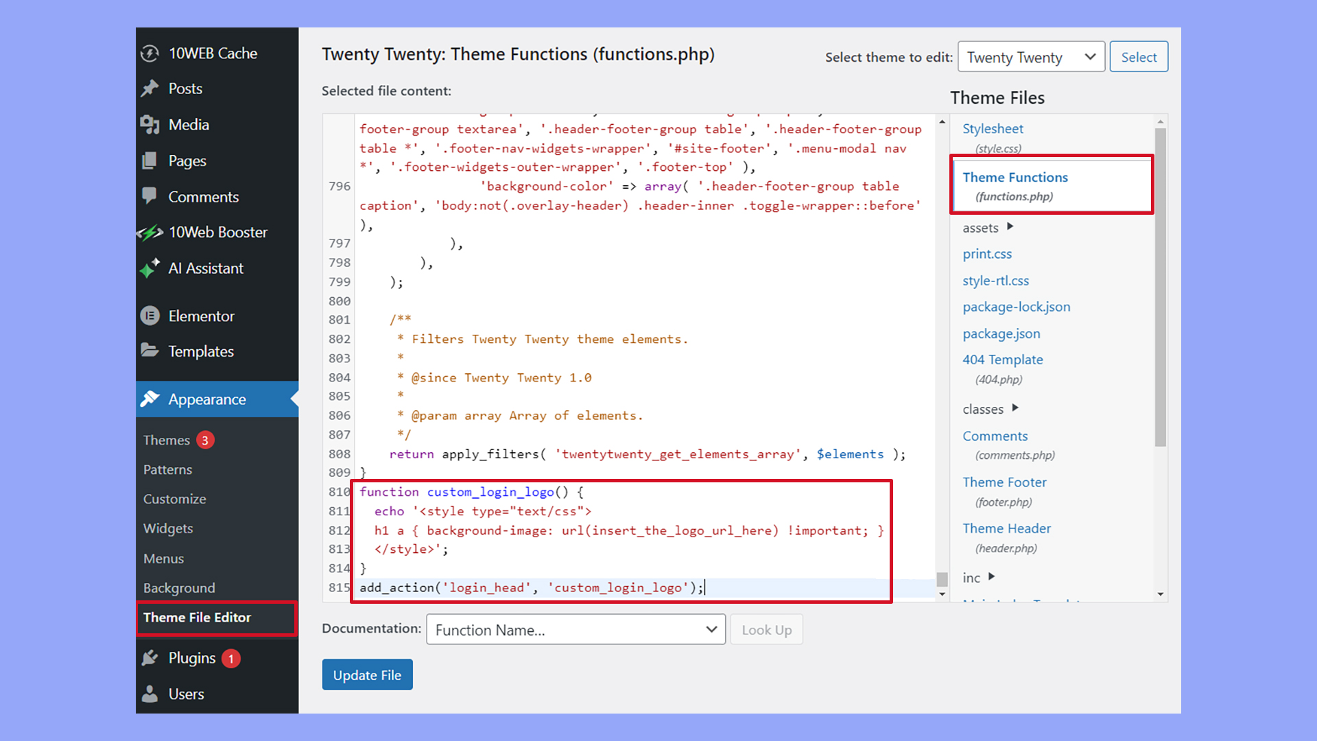 El editor de archivos de temas de WordPress muestra un fragmento de PHP personalizado añadido al archivo functions.php.
