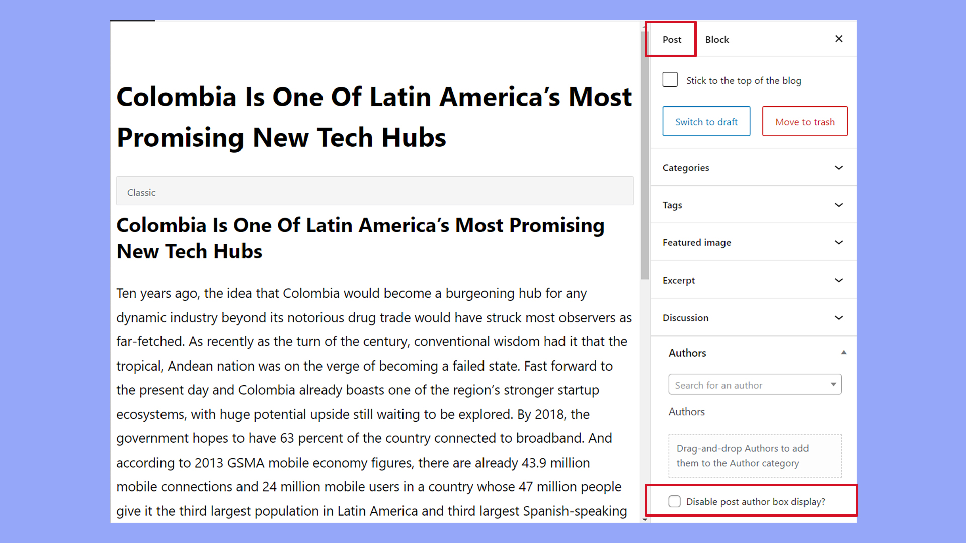Desactivar la visualización del cuadro de autor en la sección Autores del editor de bloques.