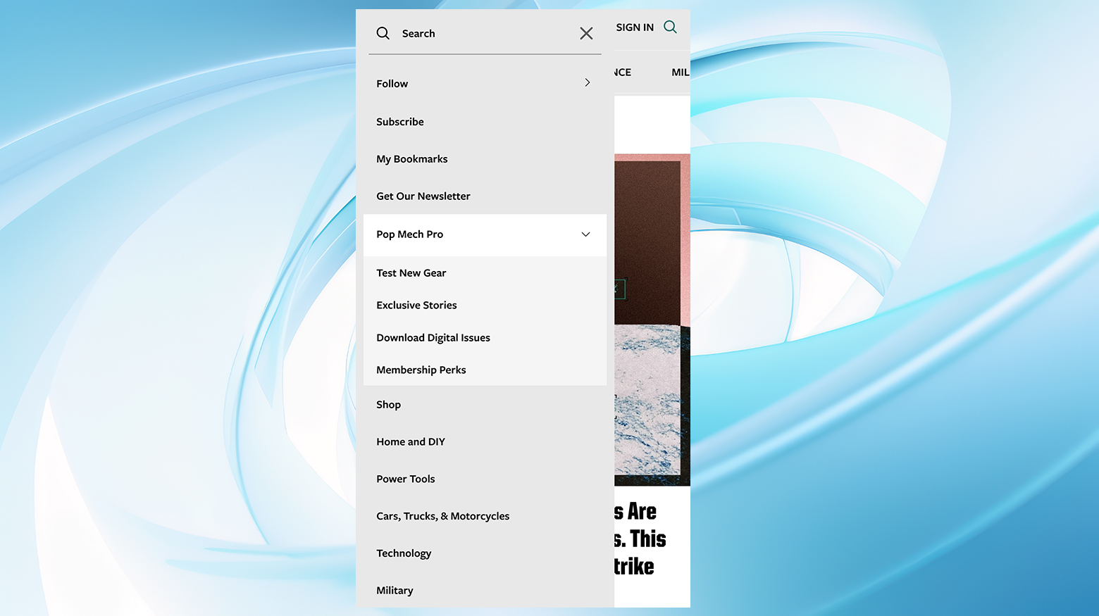 Popular Mechanic's mobile site uses dropdown menus to optimize space and ease of use.