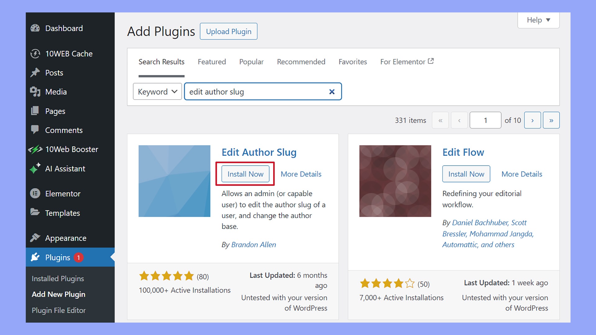 La página Plugins, Añadir nuevo plugin del panel de control de WordPress muestra el plugin Editar babosa de autor.