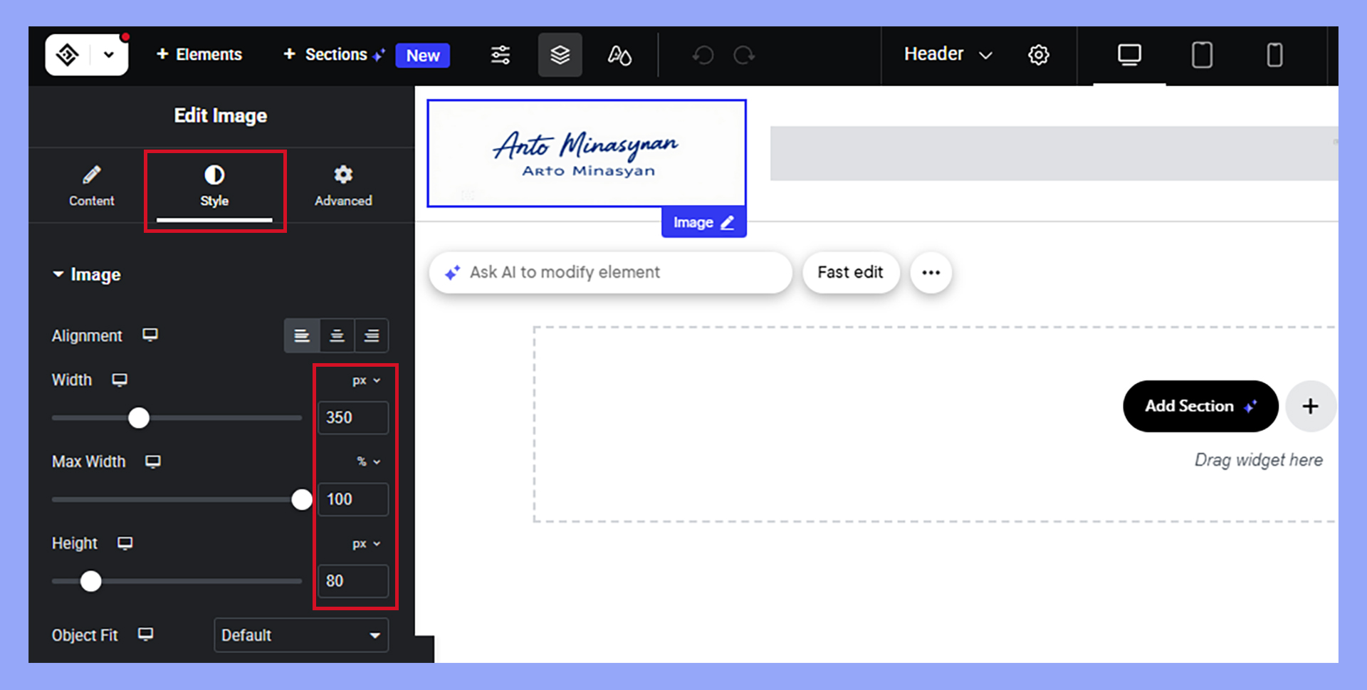 Adjusting the AI generated image's dimensions in the drag and drop editor.