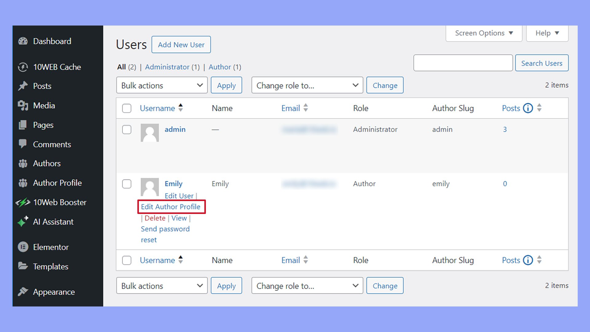 La página Usuarios, Todos los usuarios del panel de control de WordPress muestra el enlace Editar perfil de autor, ahora disponible para cada usuario.