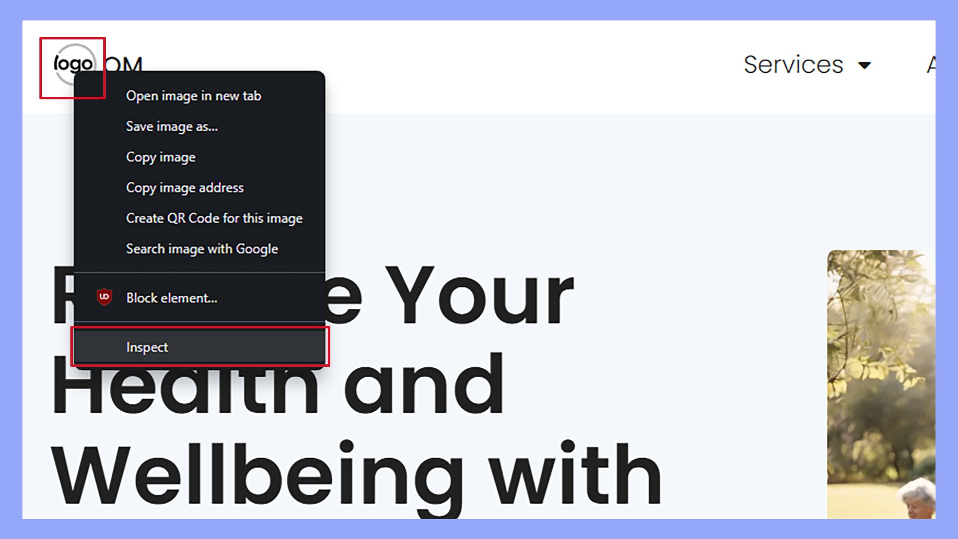 Finding the logo's CSS class by right-clicking the logo and selecting Inspect.