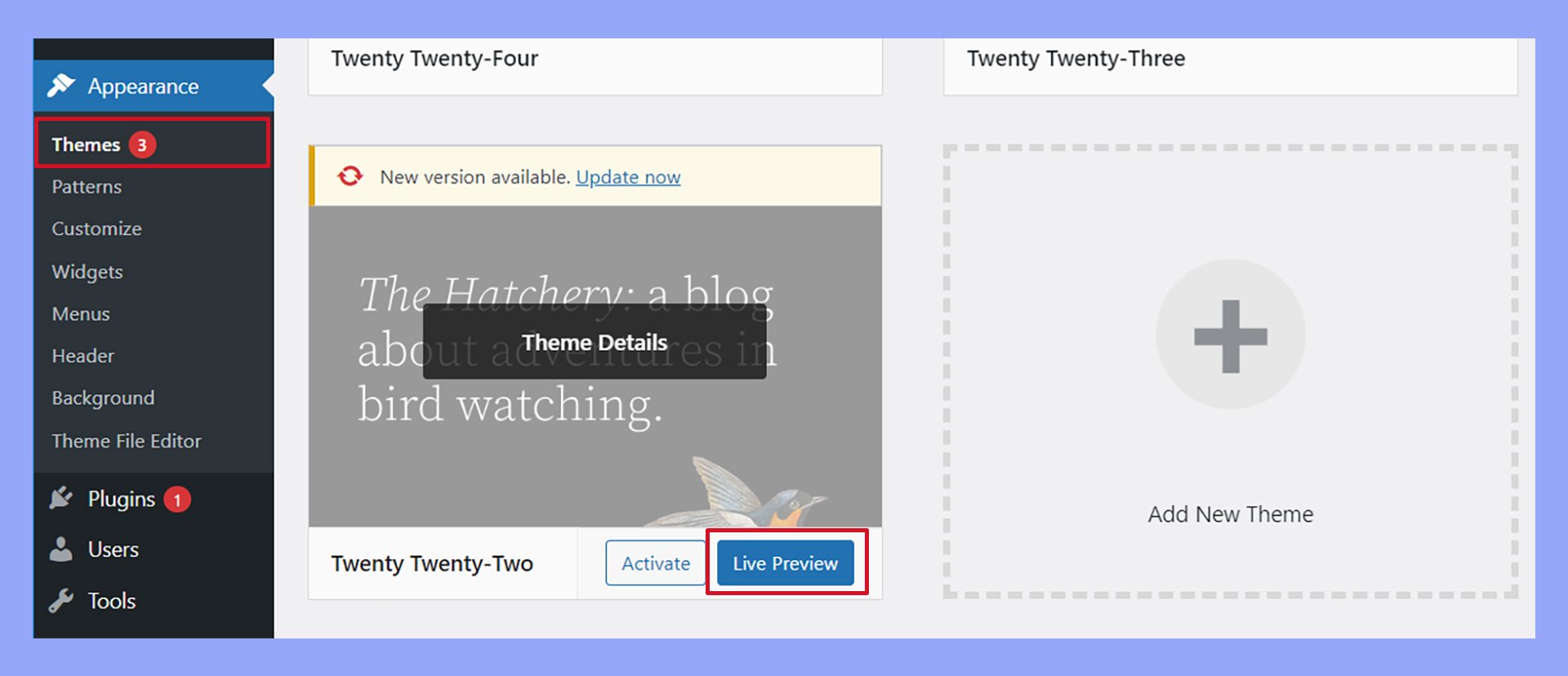 The Appearance, Themes, Live Preview option on a theme.