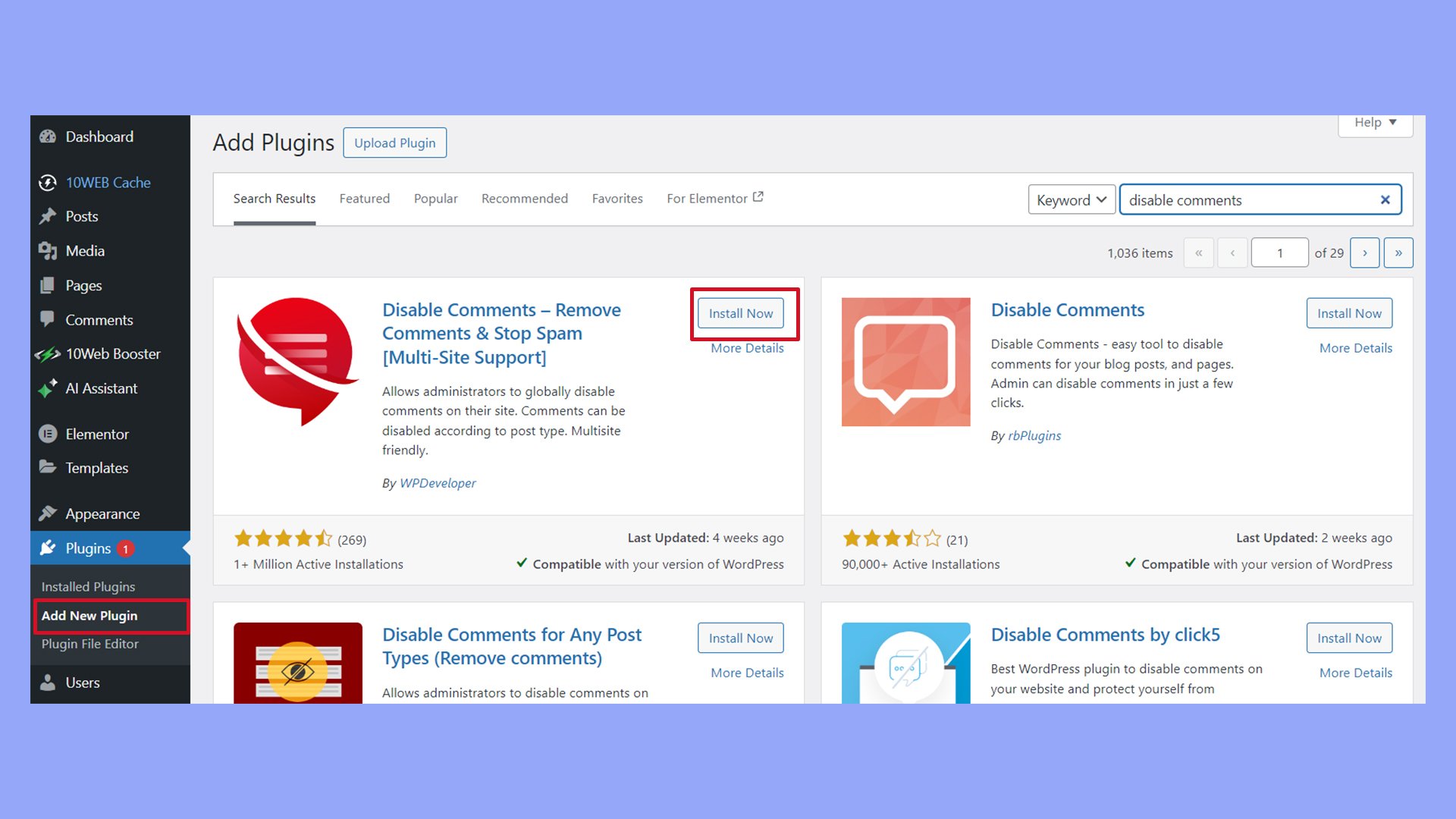 La página Plugins, Añadir nuevo plugin del panel de control de WordPress muestra