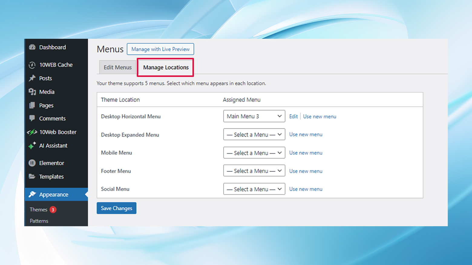 The manage location tab under Appearance, menu is highlighted in red.