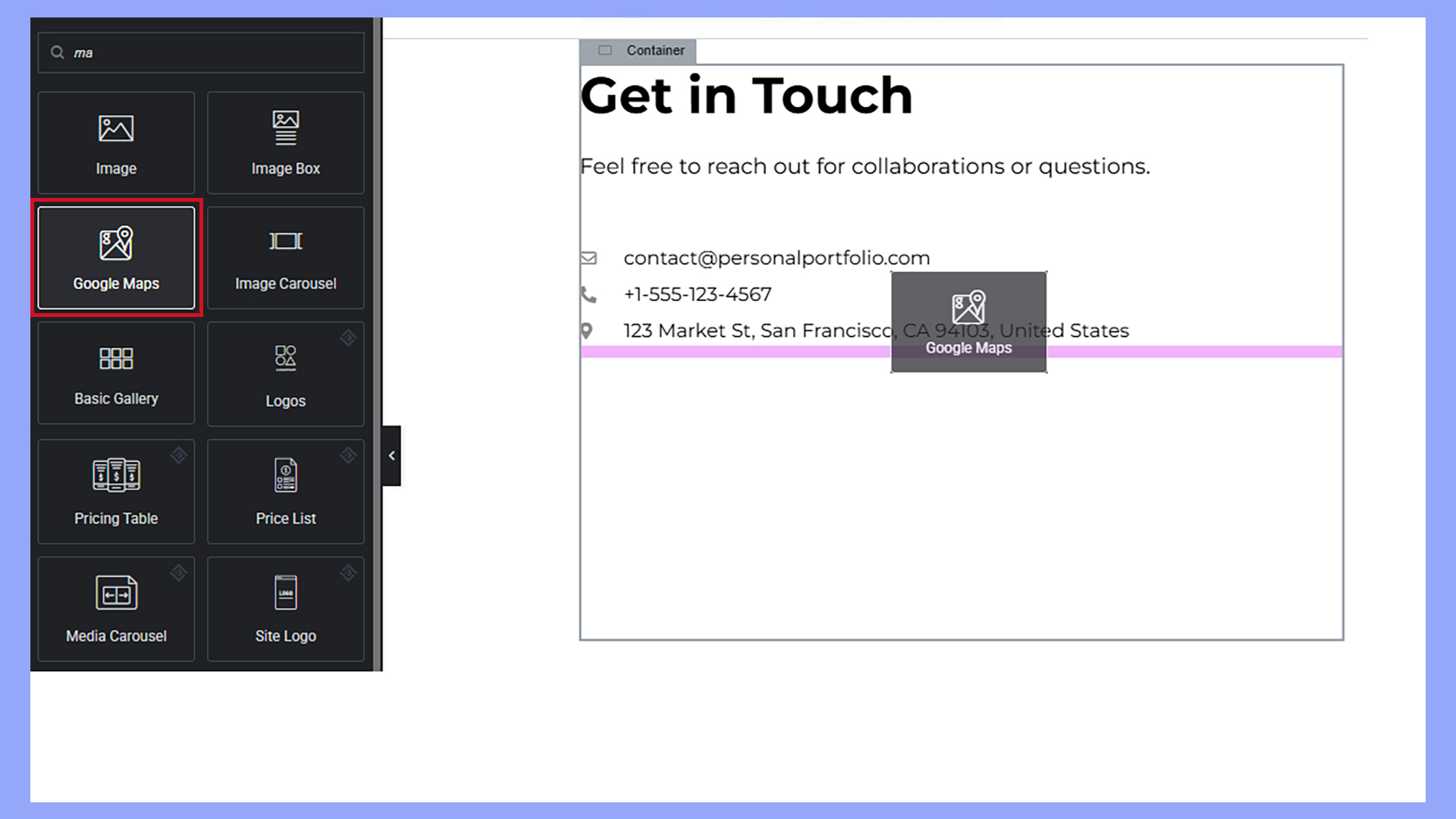 Dropping in a Google maps embed using a widget.