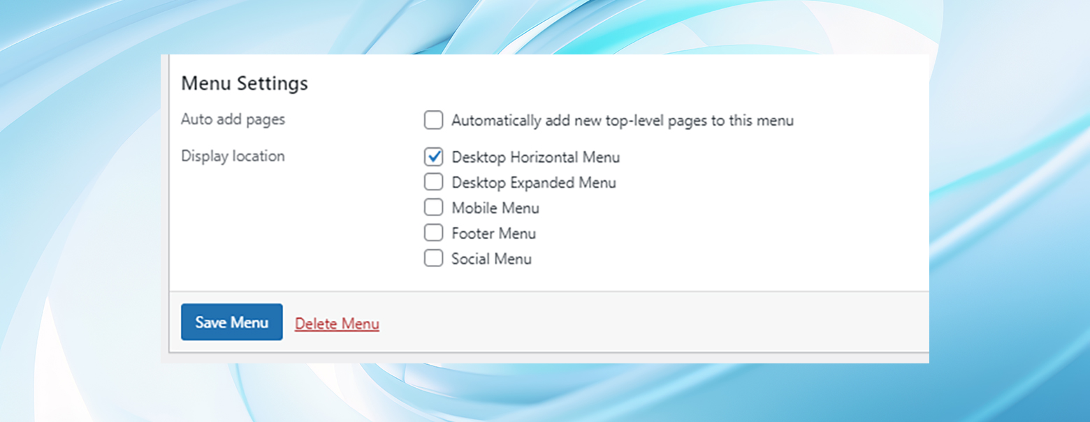 The menu setting section shows the optional menu locations.