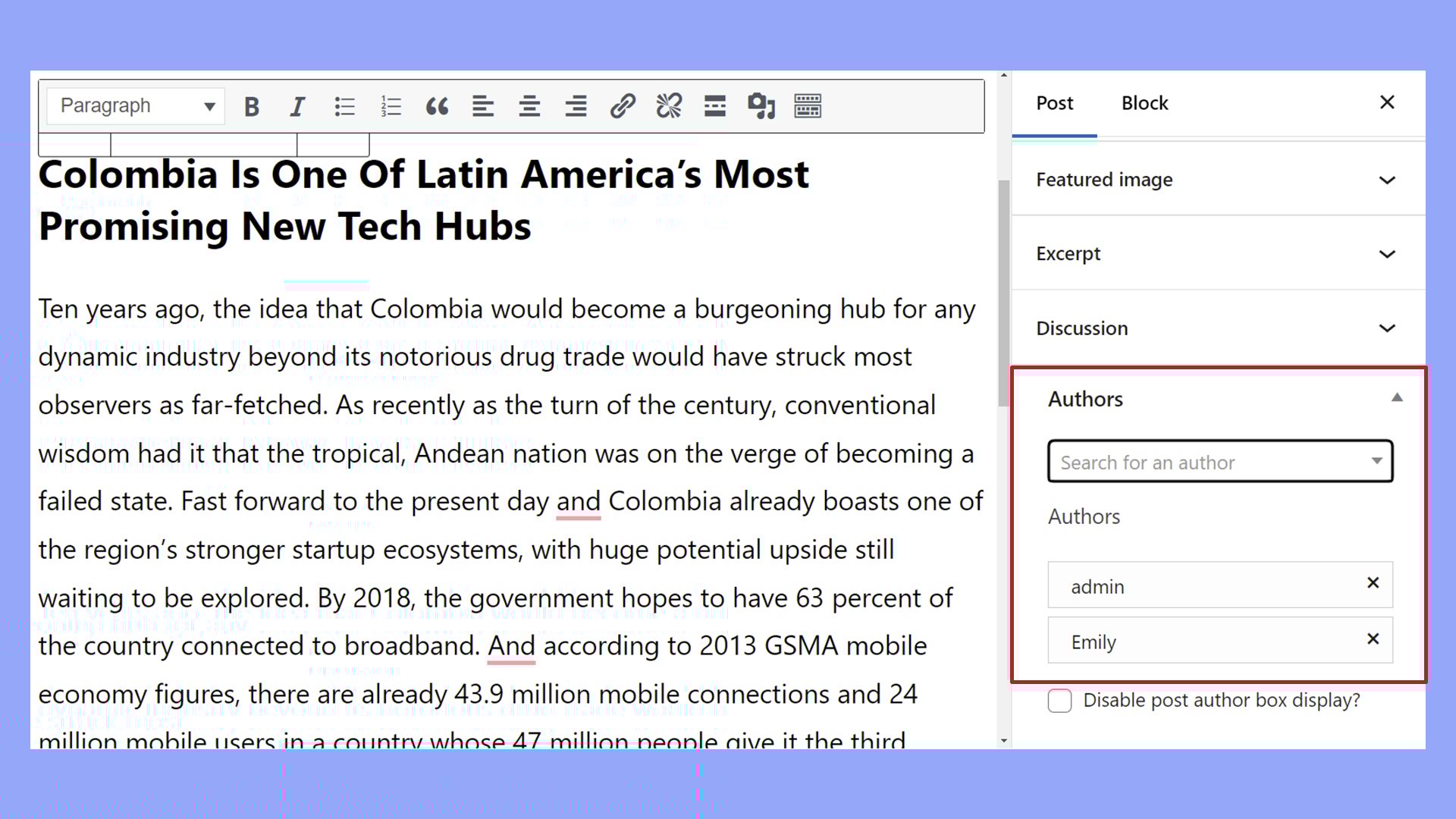 Añadir varios autores en la pestaña Publicar del editor de bloques.