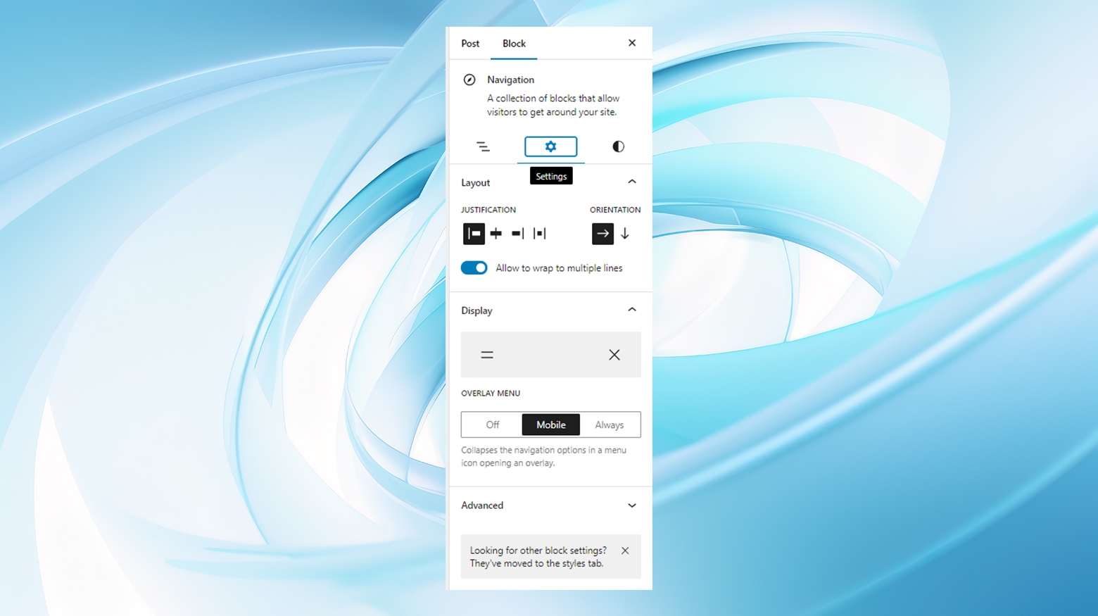The navigation block's settings with options for justification, orientation, mobile overlay, and more.