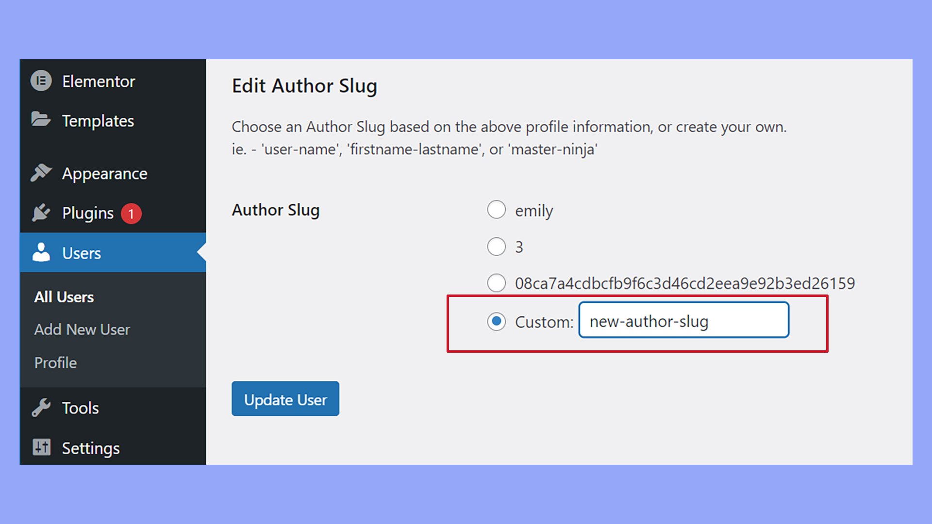 Cambiar a un slug de autor personalizado en el perfil de un usuario.