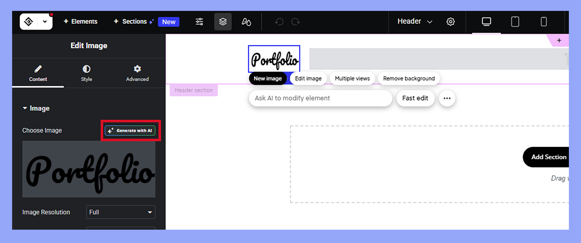 Reviewing the AI built website in the page editor reveals a placeholder image to update.