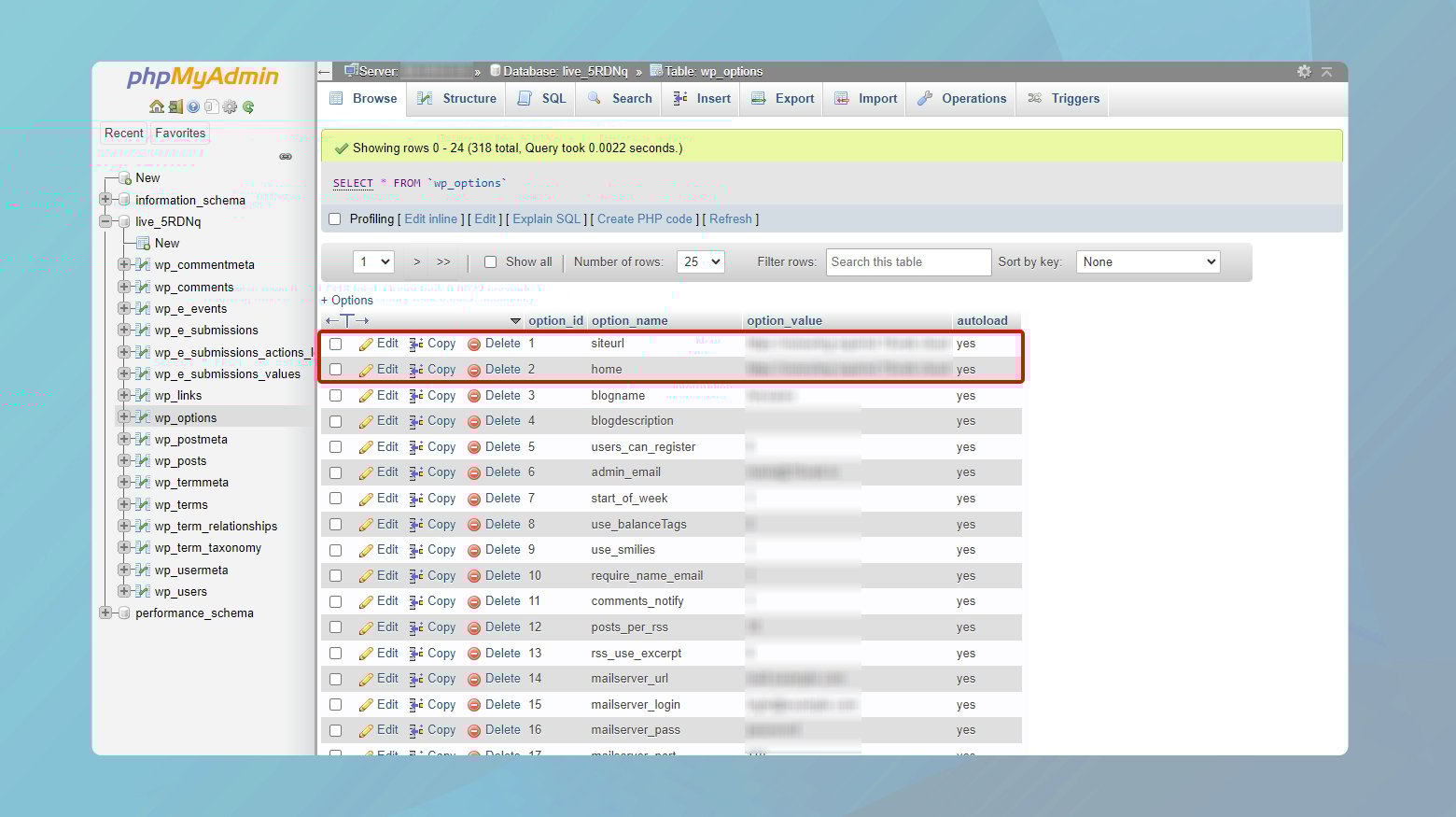 phpMyAdming dashboard, wp options page with siteurl and home selected.