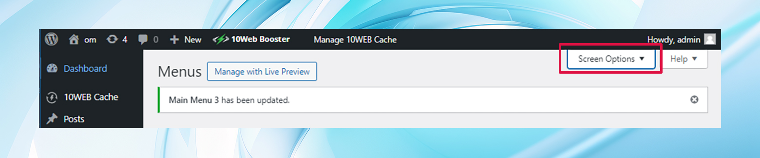 The screen options menu button in the WordPress admin.