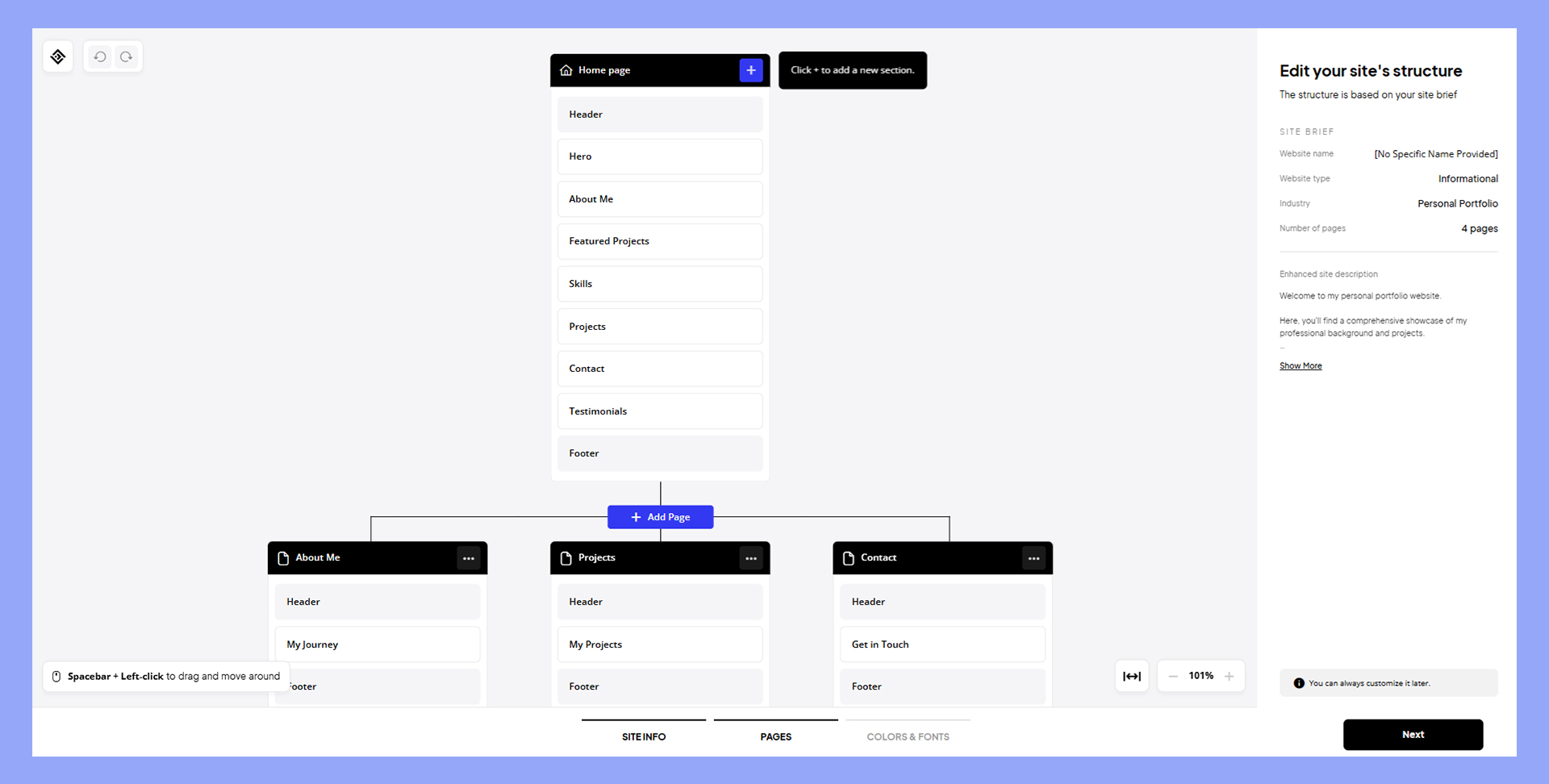 The AI Website Builder's wireframe editor.