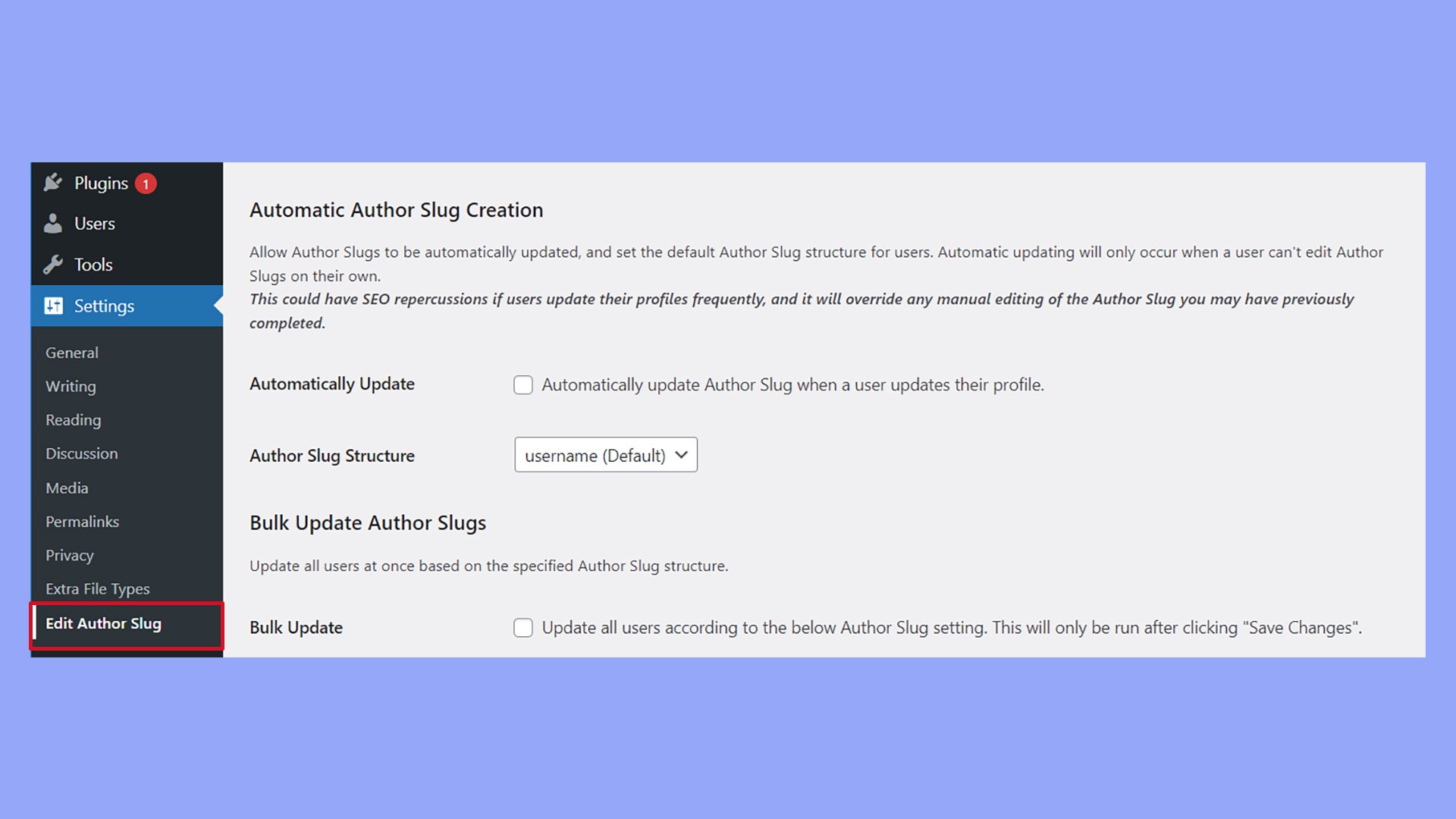 La página Ajustes del panel de control de WordPress, Editar babosa de autor.