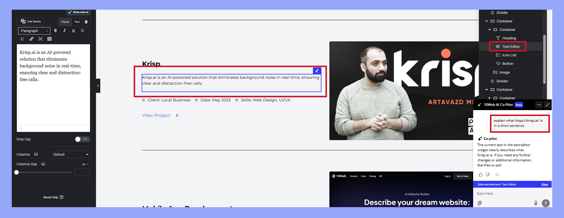 Working with AI tools in the editor to build a website.