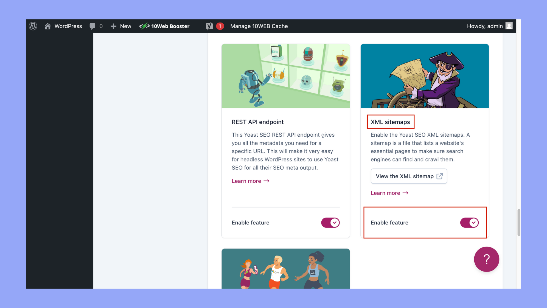 Haz clic en la pestaña Características y asegúrate de que XML Sitemaps está activado.