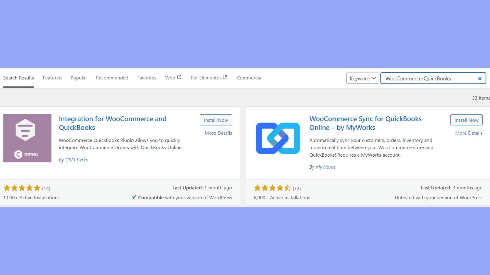 Buscar y seleccionar un plugin de integración WooCommerce-QuickBooks.