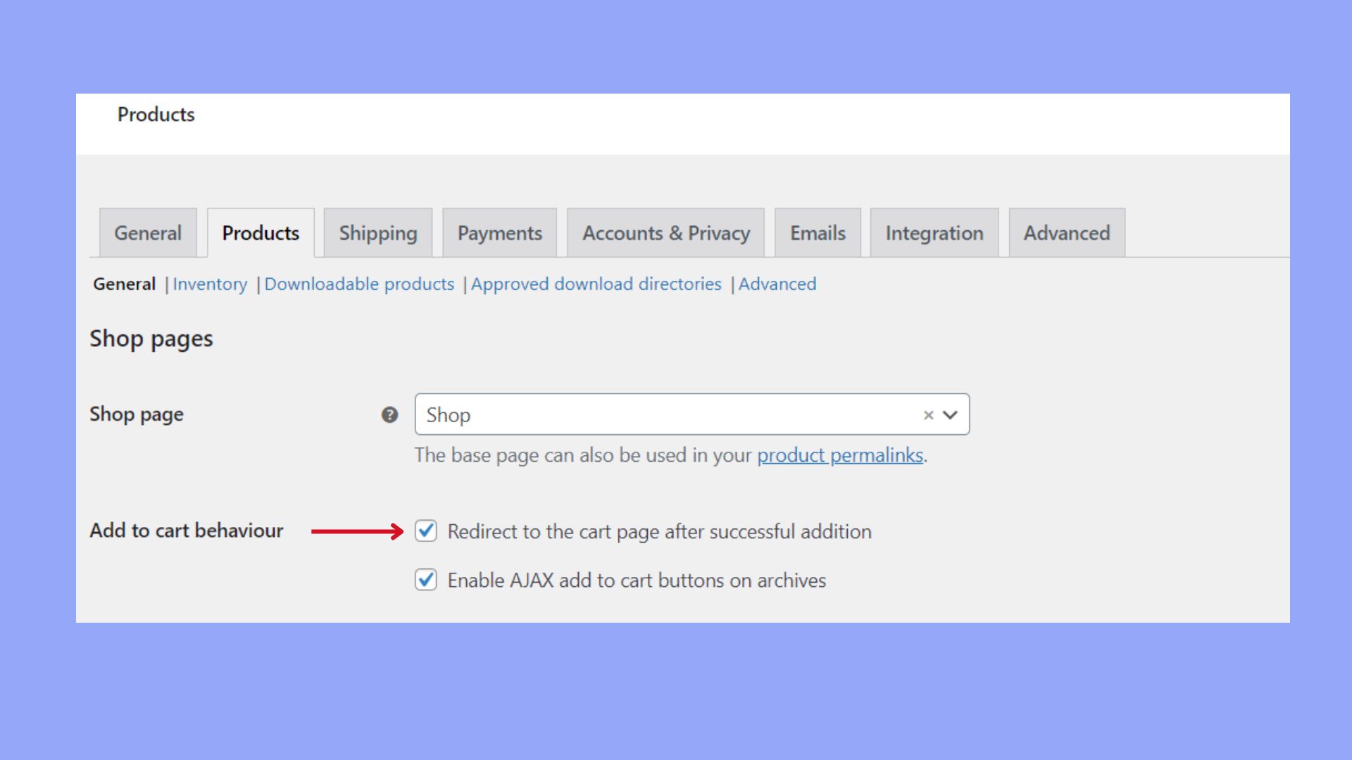 Enabling the option to redirect to the checkout page.