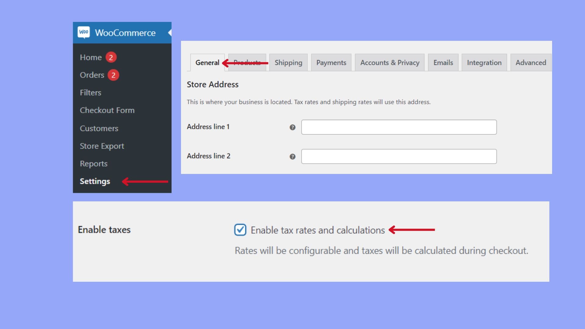 Enable taxes and tax calculations checkbox in WooCommerce.