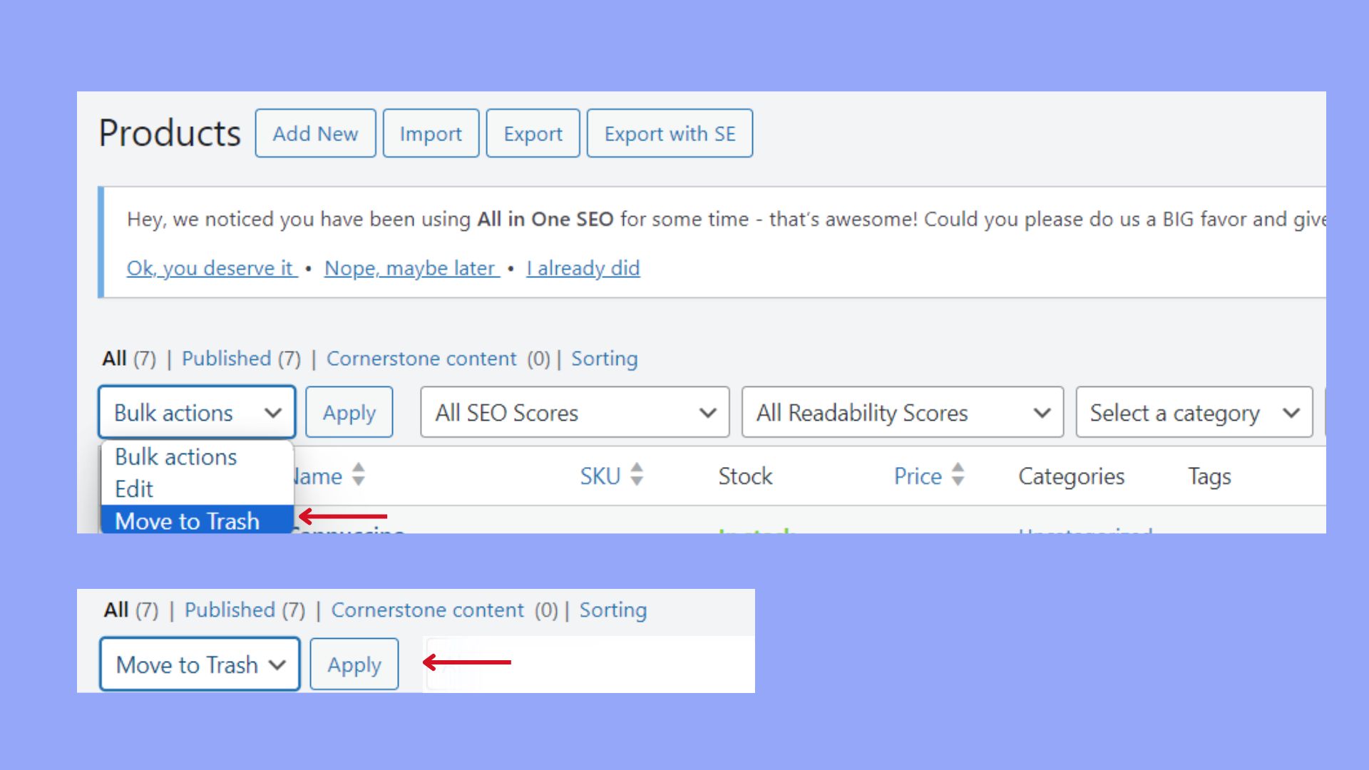 Bulk delete from WP dashboard
