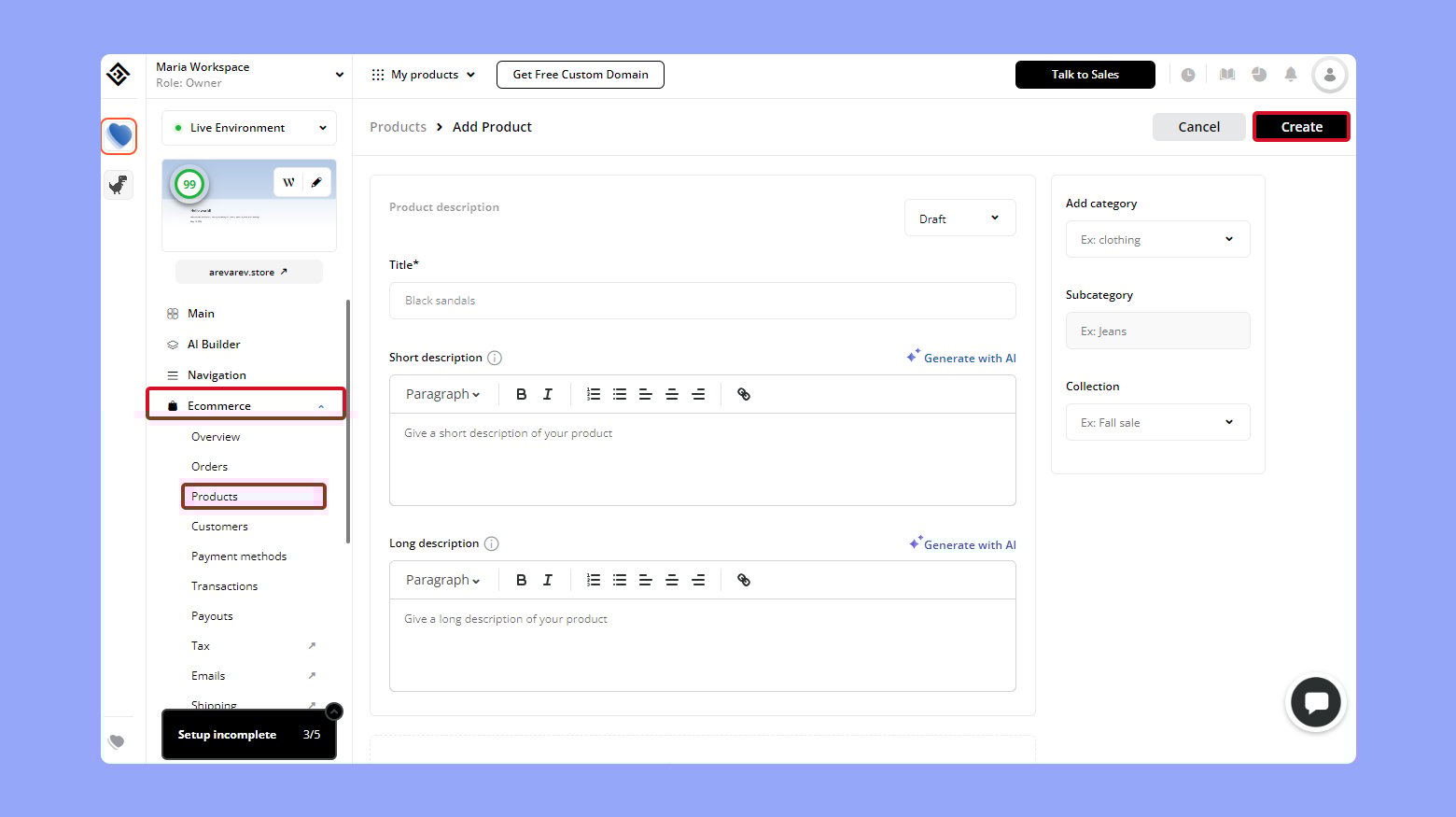 10Web ecommerce solution adding new product