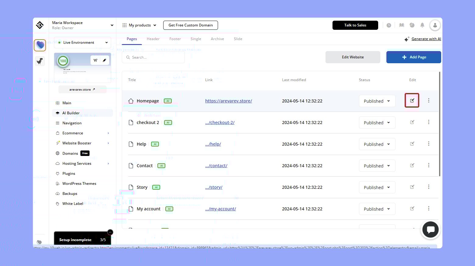 10Web edición de la página de la tienda online 10Web dashboard