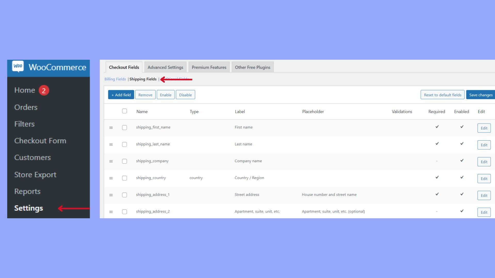 Editing the shipping fields
