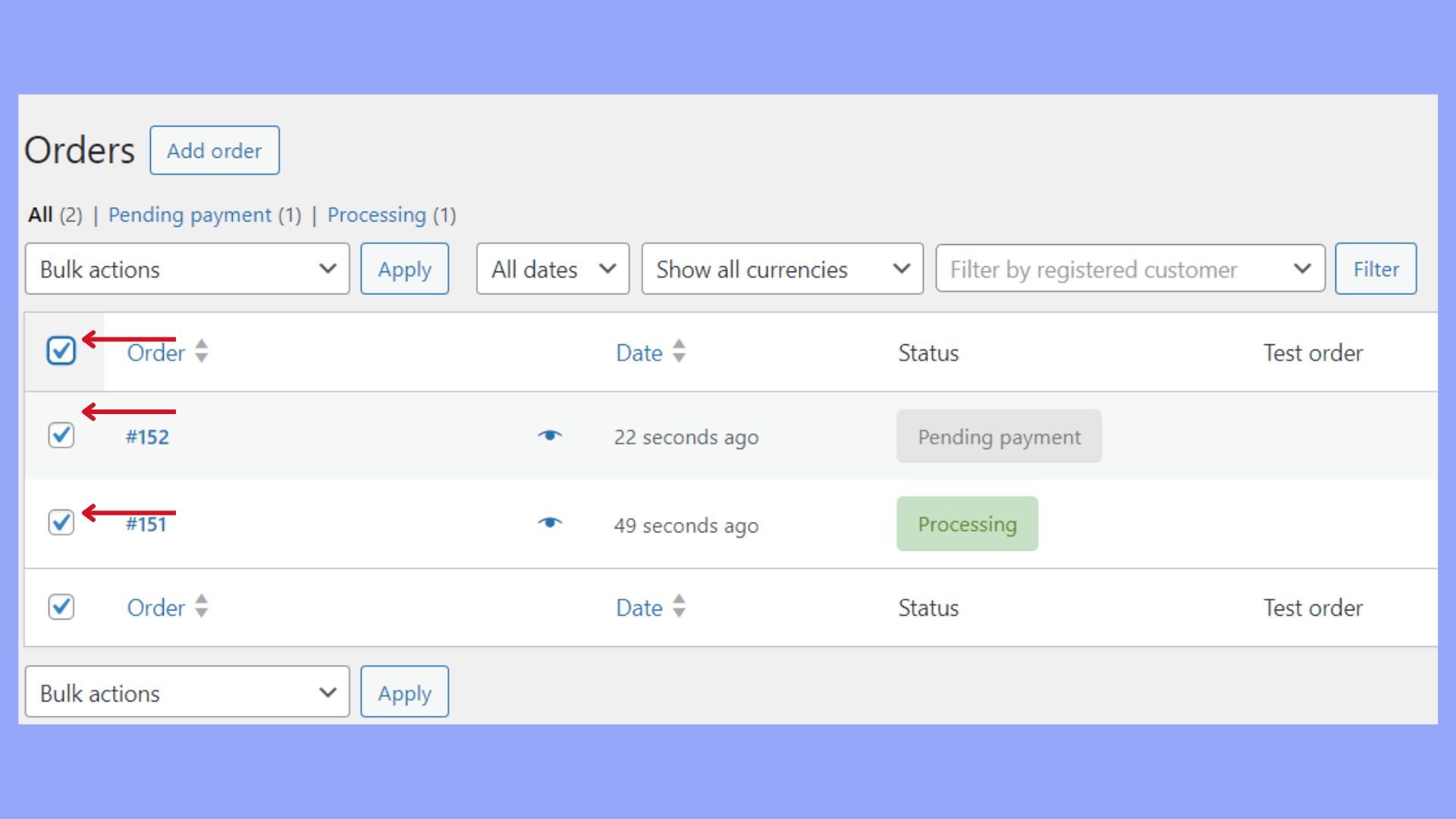 Usar la acción masiva para actualizar los estados de los pedidos de WooCommerce