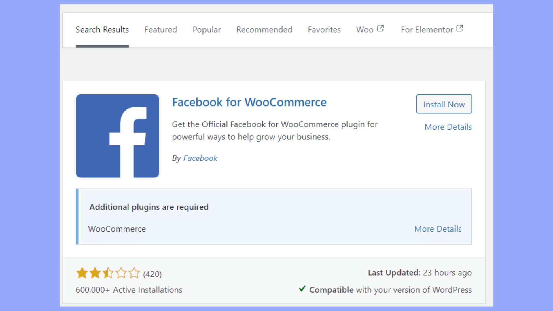 Installing the Facebook for WooCommerce plugin.