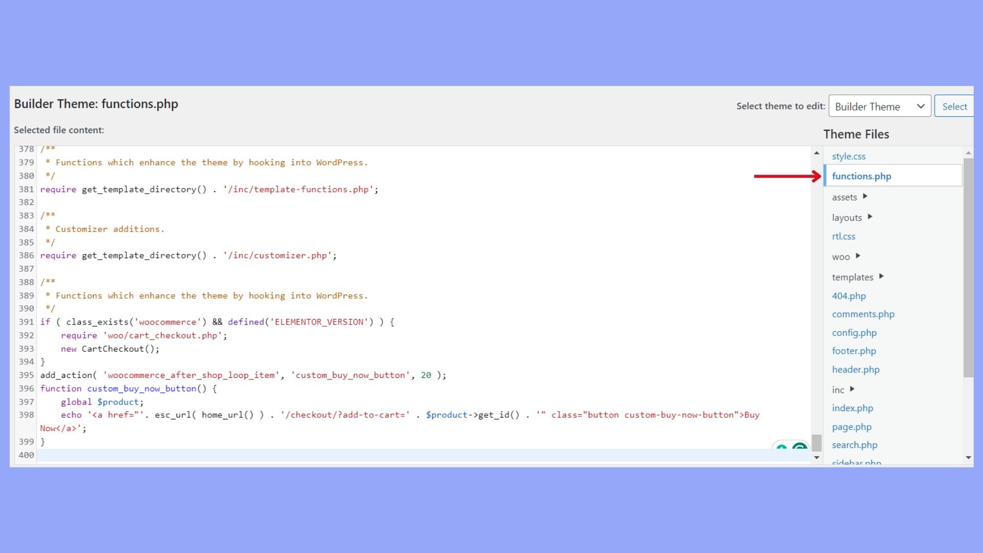 Selecting your active theme and finding the functions.php file to add custom code.