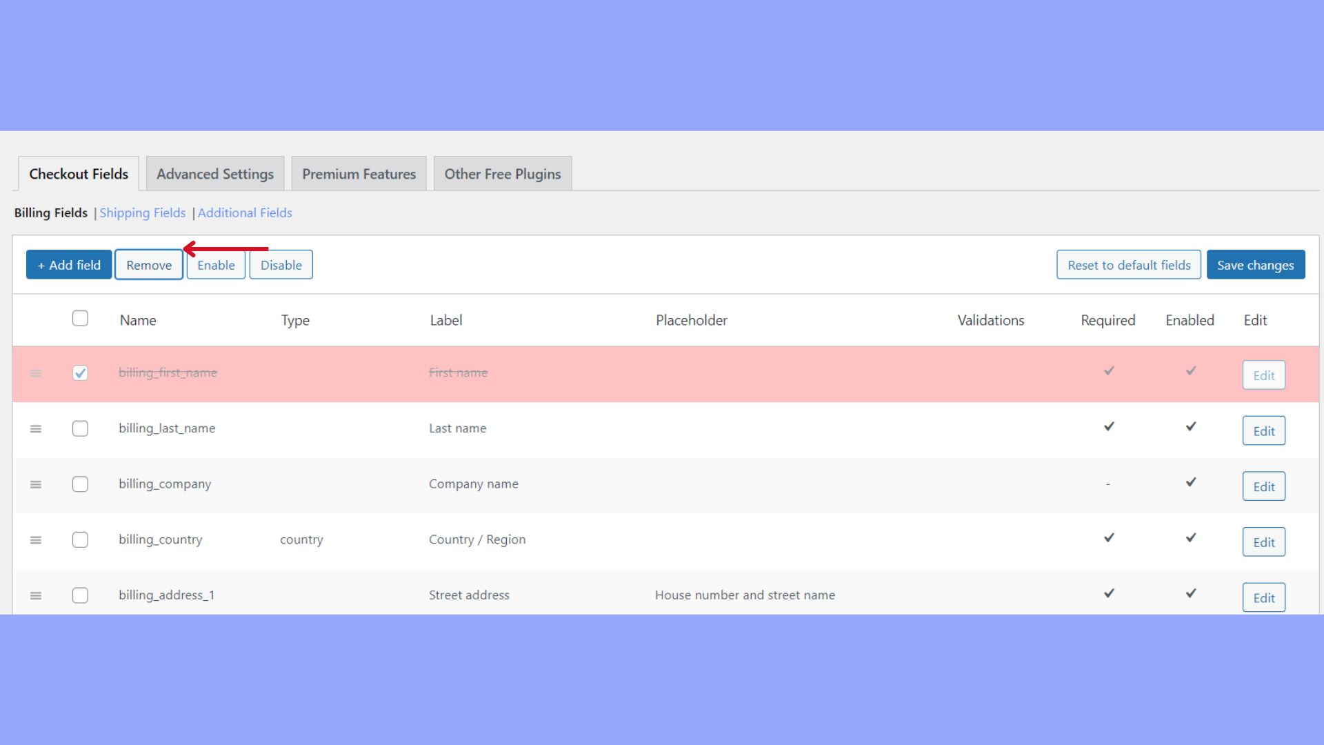 Removing fields from the checkout page.