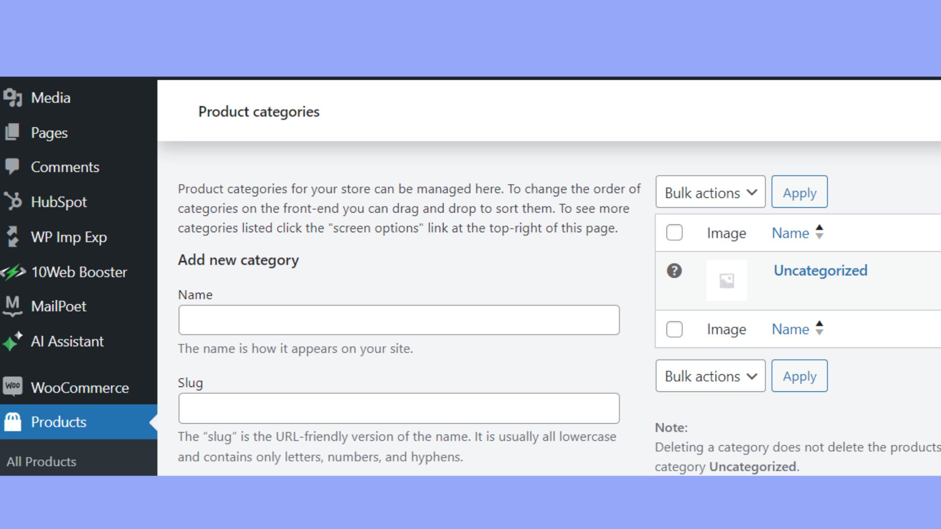 Creating categories in the WooCommerce account.
