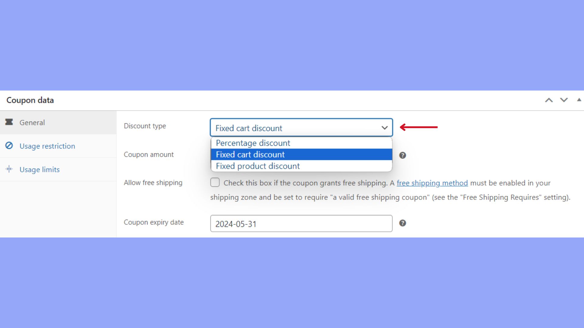 Selecting the coupon's discount type