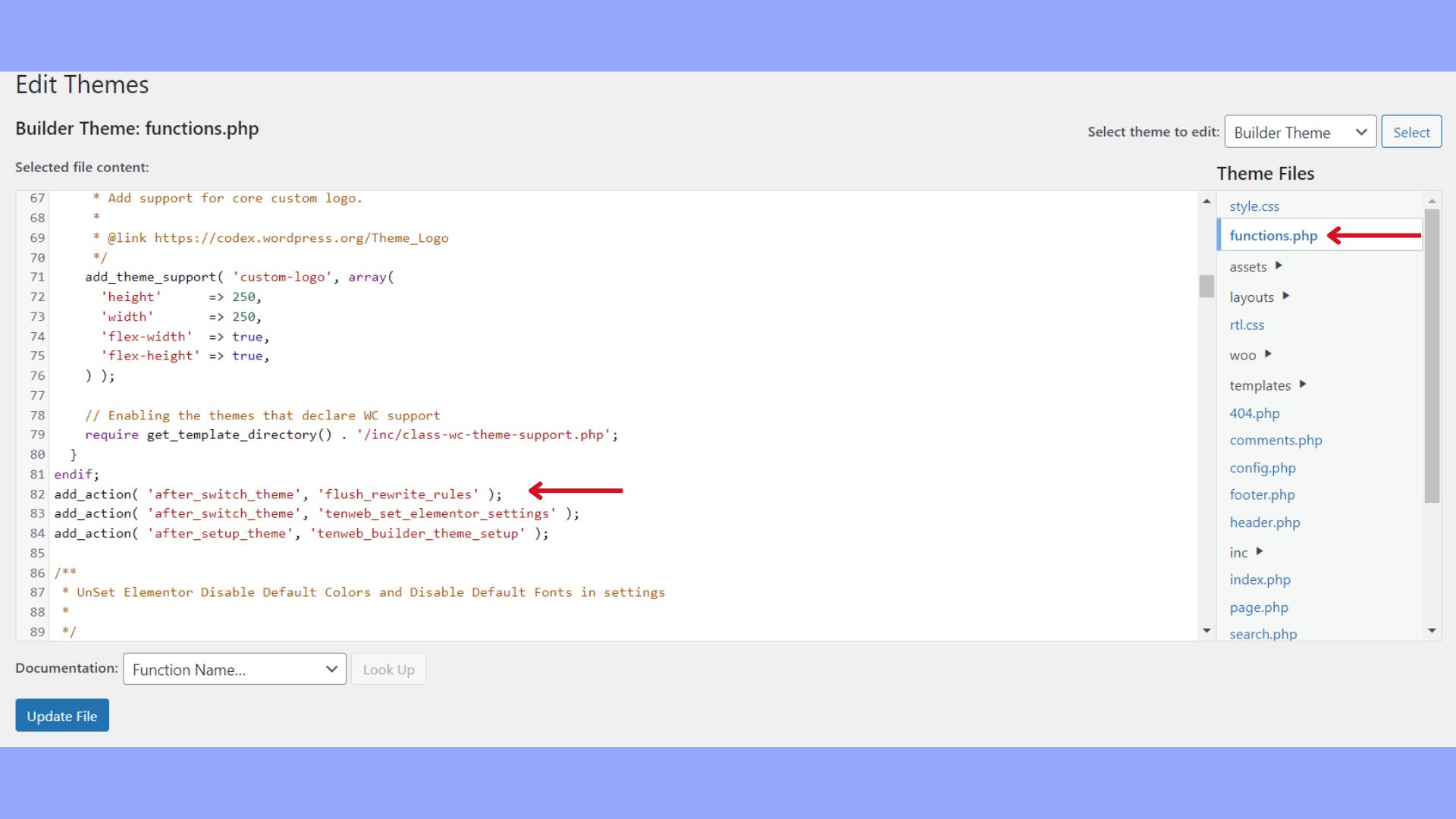 Finding and editing the Theme File Editor.