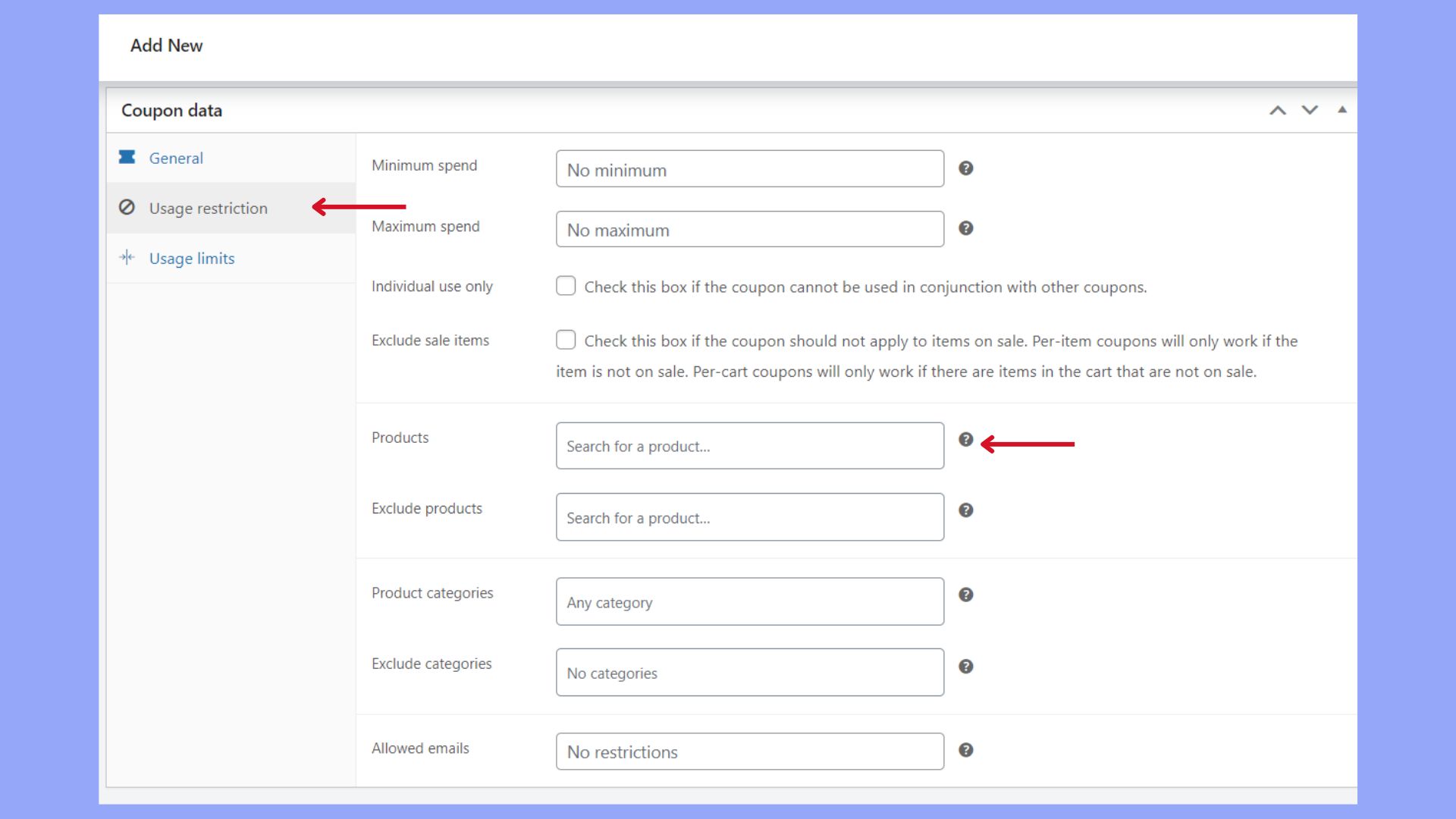 Setting up the coupon restrictions