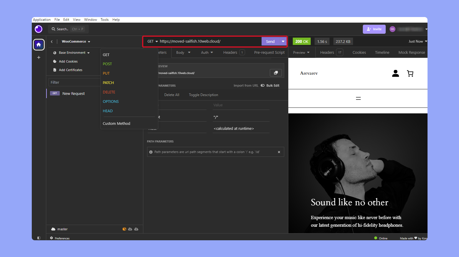 El cliente de la API Insomnia envía una solicitud de prueba GET.
