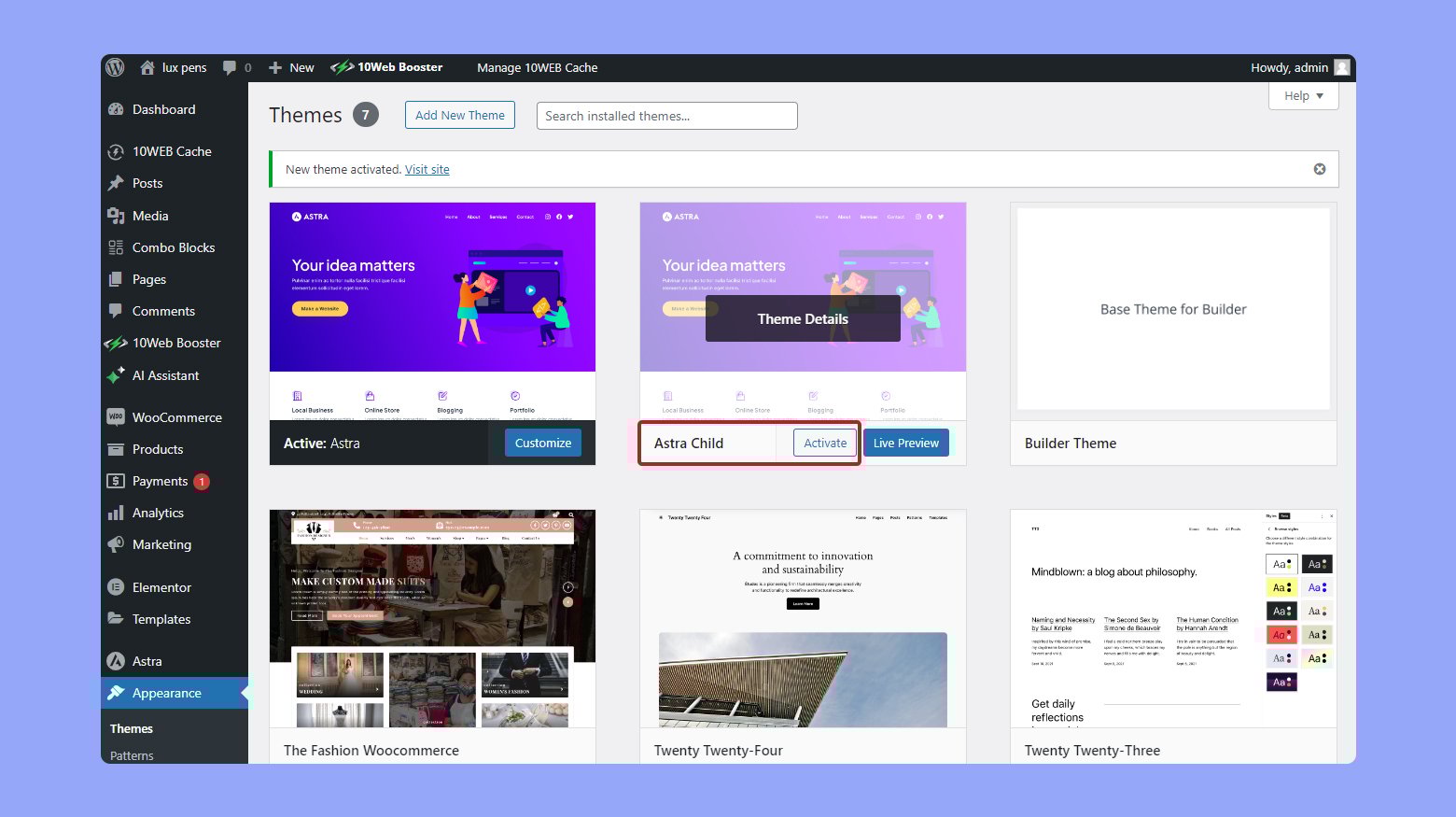 Activating the child theme in WordPress