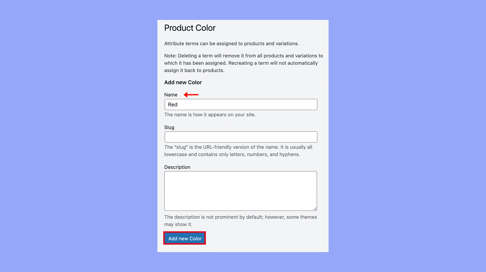 Adding a color attribute in WooCommerce