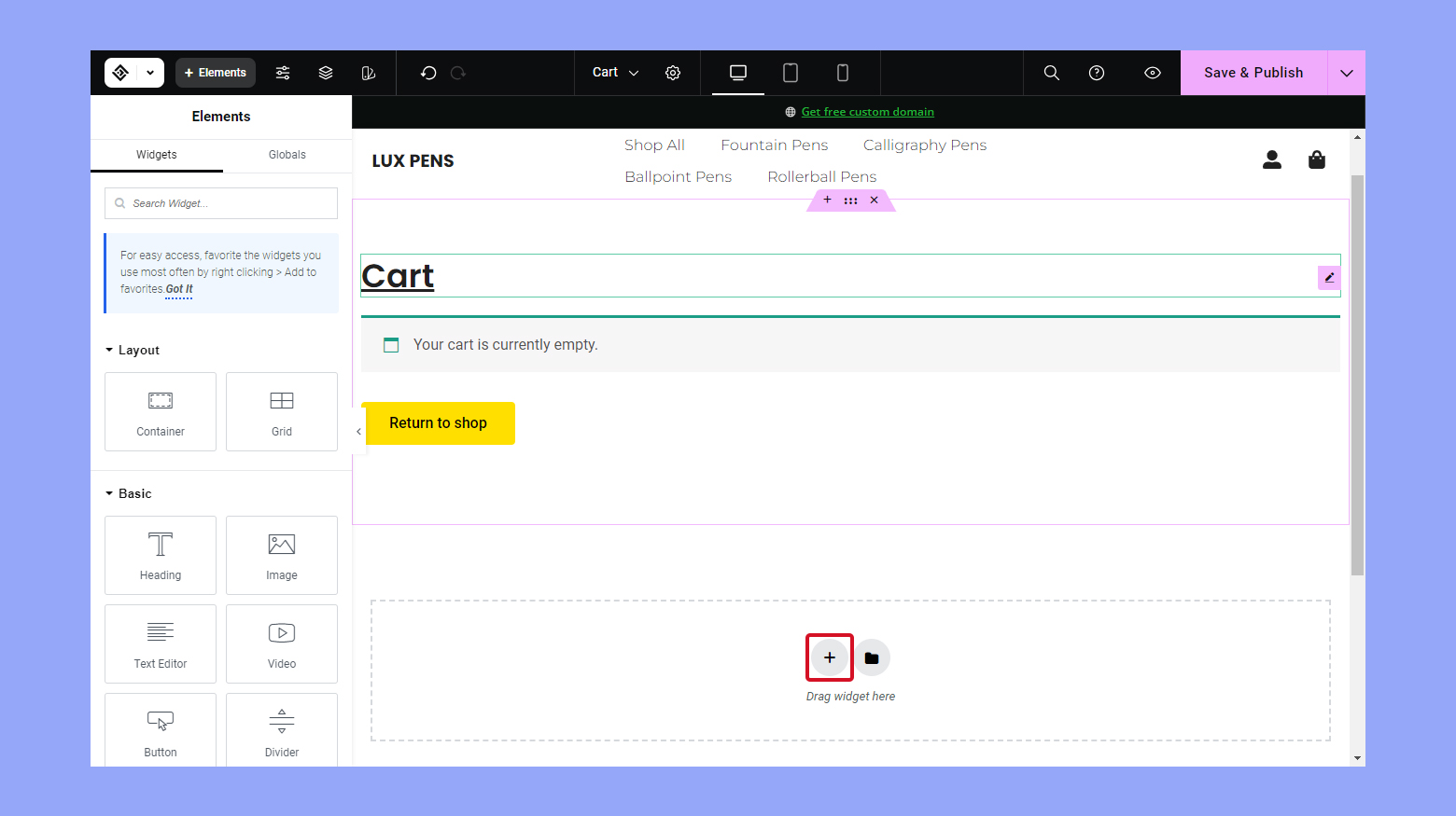 Añadir una nueva sección a la página del carrito en el Constructor 10Web 