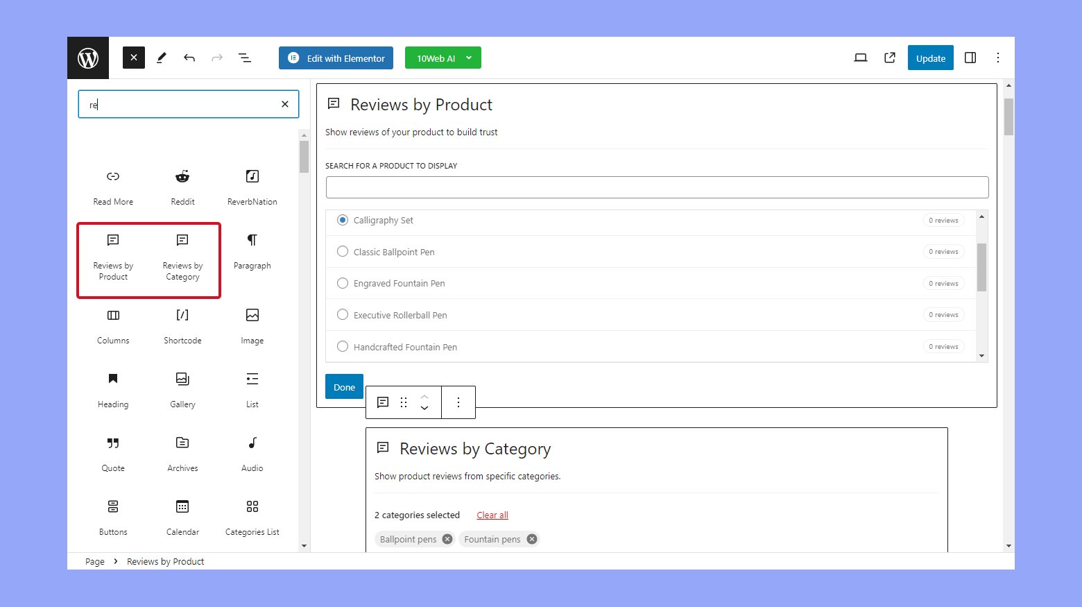 Añadir y editar el bloque Revisión por categoría y producto