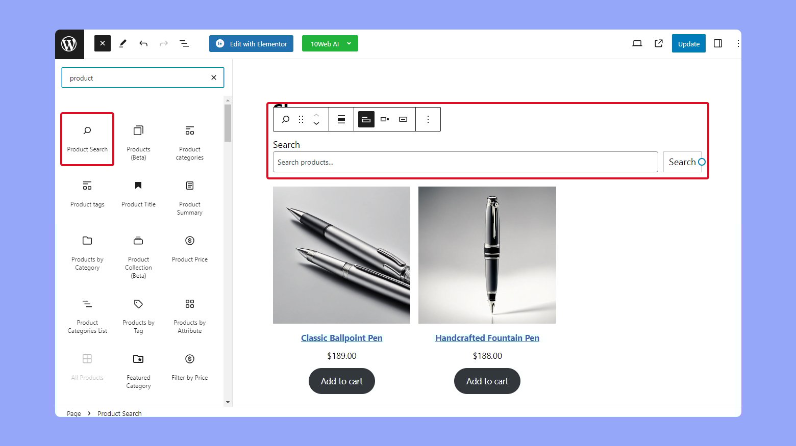 Añadir y editar un bloque de Búsqueda de productos.