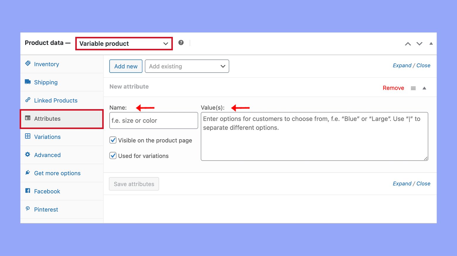 Adding attributes in WooCommerce