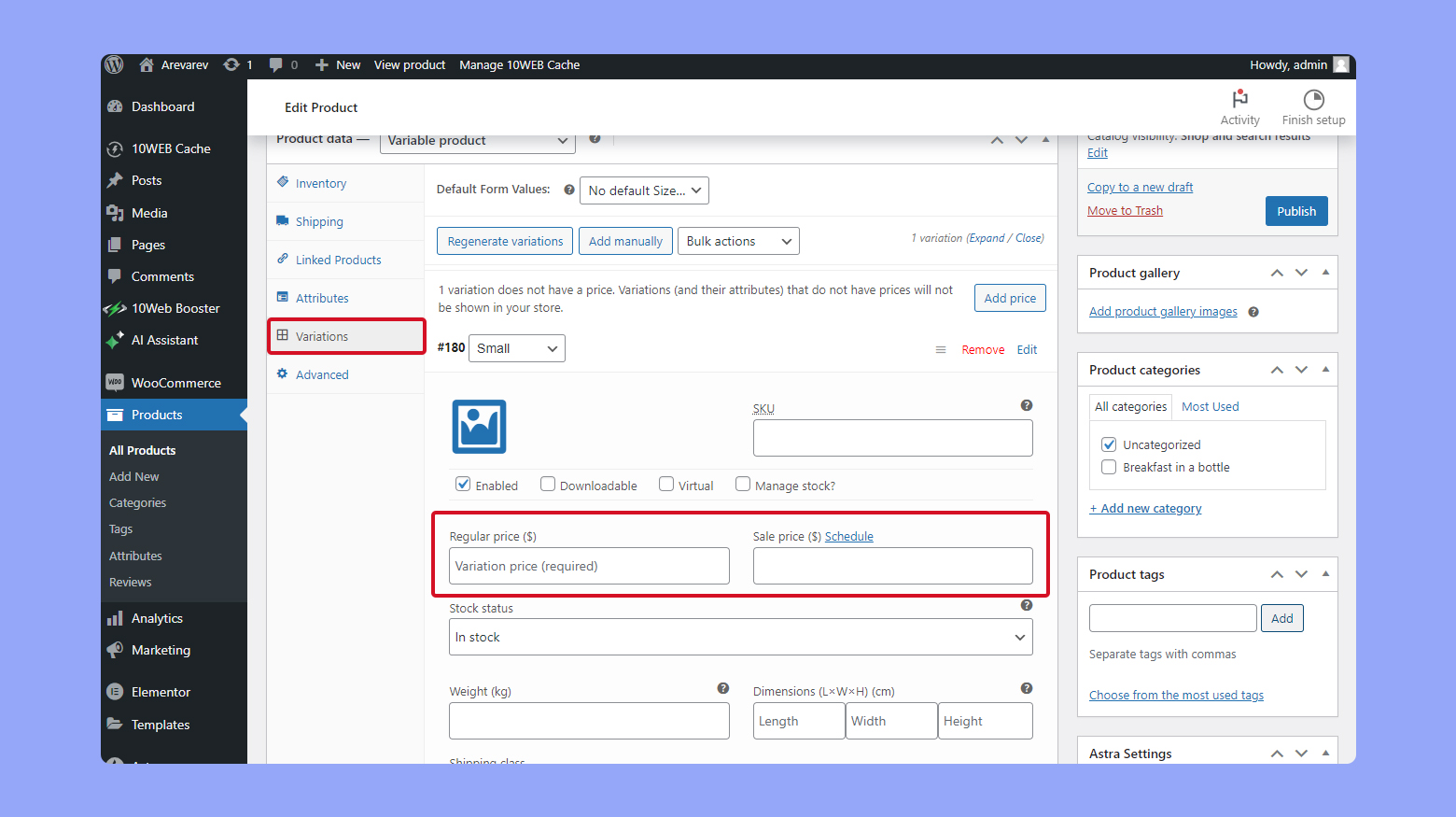 Adding regular price and sale price to variations.
